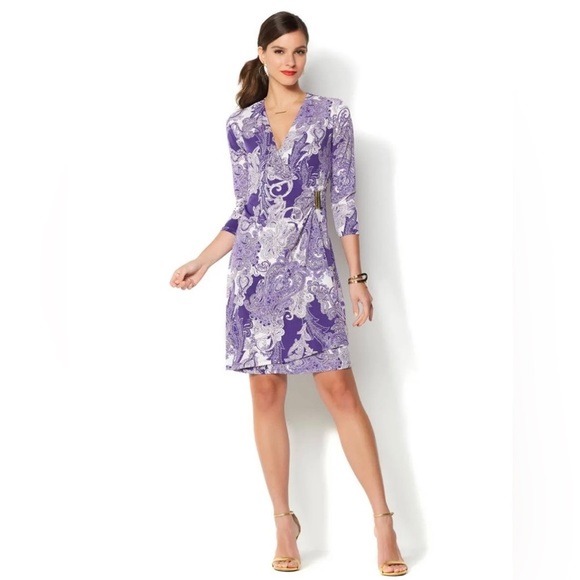 IMAN Dresses & Skirts - IMAN Womens Wrap Paisley Dress V Neck Knee Length Quarter Sleeve Purple Plus 2X